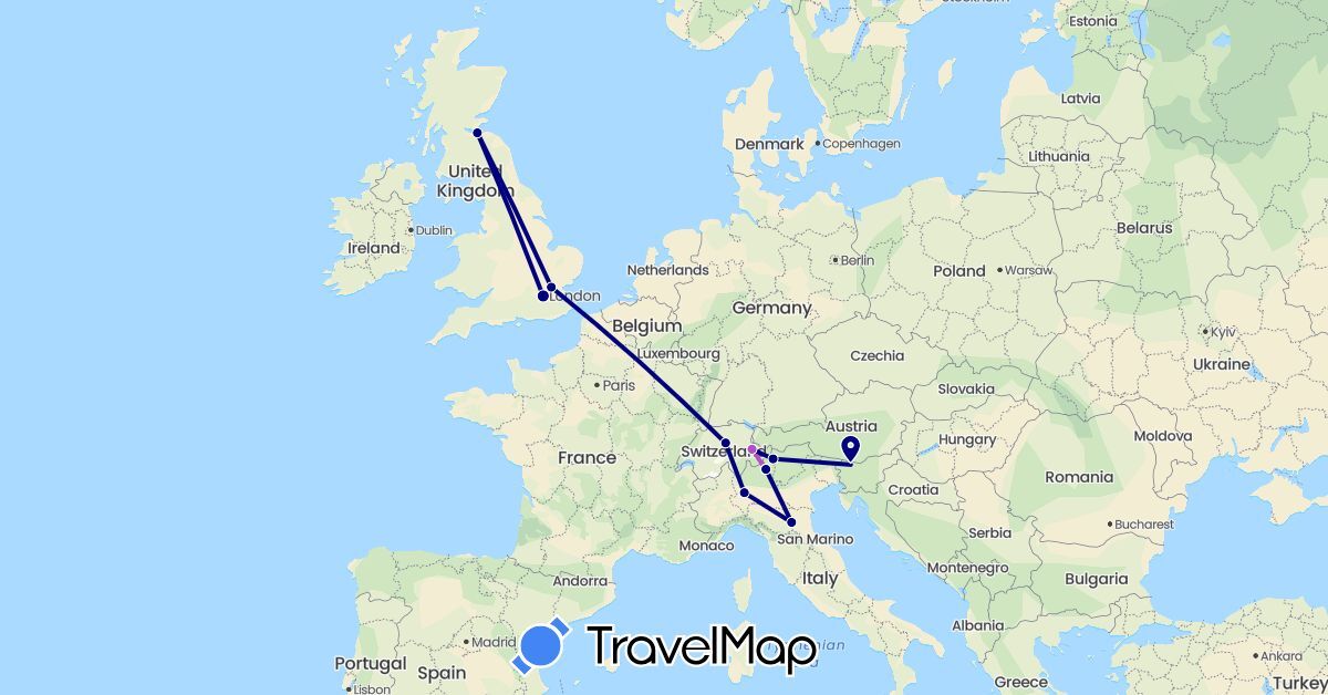 TravelMap itinerary: driving, train in Switzerland, United Kingdom, Italy, Slovenia (Europe)